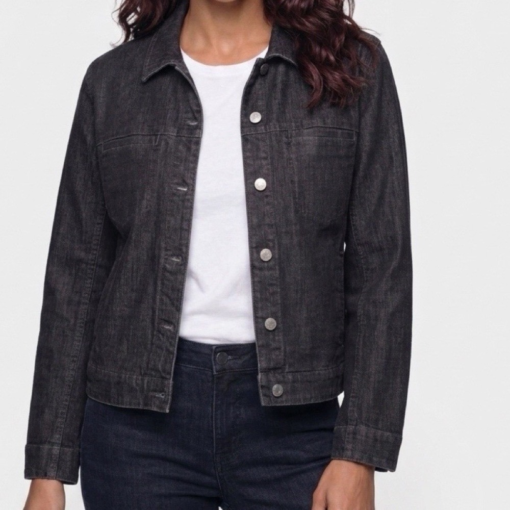 Chico's Denim Jacket Women Size 0 Black Wash Stretch Cotton Trucker Additions